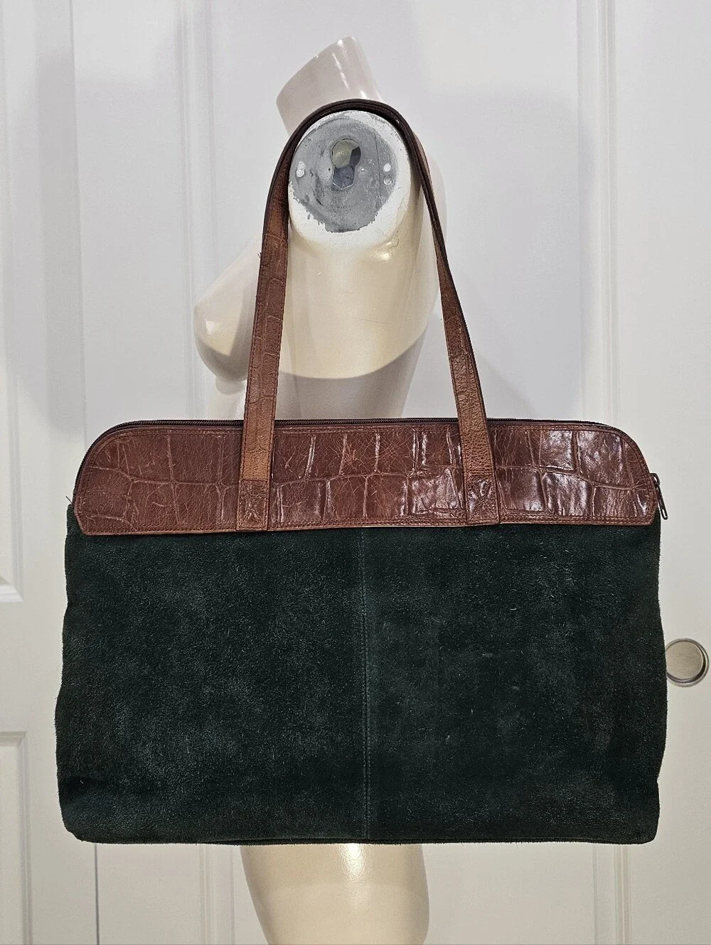 Vtg VALERIE STEVENS Green Suede Brown Croc Embossed Leather Zip Work Tote